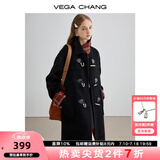 VEGA CHANG黑色毛呢子大衣女2025秋冬新款格纹中长款大衣 锆石黑 S