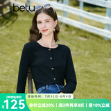 百图betu女装秋新款T恤圆领长袖精致蝴蝶结纽扣针织T恤女2308T19 黑色 L