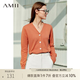 AMII极简洋气V领针织开衫春秋新款全棉长袖上衣女短装毛衣针织外套 烟粉橘 165/88A/L