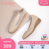金利来（goldlion）女鞋坡跟皮鞋时尚圆头牛皮浅口一脚蹬单鞋女 G662320016杏色35