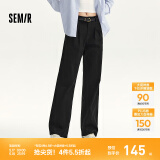 Semir[商场同款]休闲裤女纯棉阔腿裤盐系秋季2024新款磨毛长裤复古 黑色90001 L