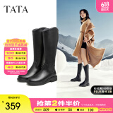 他她（TATA）黑色V口长筒靴女英伦加绒抗寒高筒靴骑士靴冬季G5JA1DG2 黑色（绒里） 35
