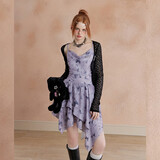 UNIFREE【明星同款】紫色吊带连衣裙蝴蝶印花收腰不规则辣妹裙子 紫色 L