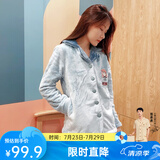 芬腾 珊瑚绒睡衣女冬季加厚法兰绒开衫加绒休闲秋冬款家居服套装 浅兰（卡通） S