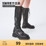 Semir官方正品时装靴女靴春秋季新款潮流休闲高帮系带机车靴长筒靴女 黑色 37