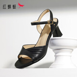 红蜻蜓柔软羊皮高跟鞋女夏季粗跟女鞋鱼嘴鞋通勤凉鞋WFK25030 黑色 37