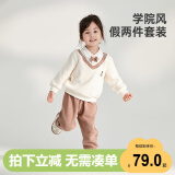 威尔贝鲁（WELLBER）童装儿童衣服长袖男女中小童学院风假两件套装25春米杏款80