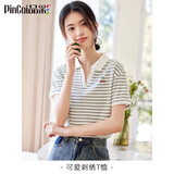 品彩（PinCai）短袖t恤女夏v领polo衫条纹字母樱桃上衣时尚打底衫 P143T1550