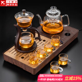 功夫玻璃茶具套装家用一体电陶炉煮茶器茶盘整套茶台三合一养生花茶壶烧水壶加厚耐热泡茶壶 悦(一体炉盘/胡)进水壶+自动(邀月)+六色把