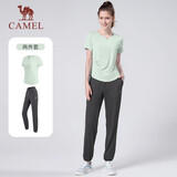 骆驼（CAMEL）户外晨跑运动服女休闲短袖两件套装 Y23BA0L6059 玉青色/灰 M