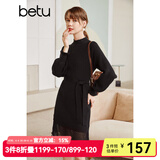 betu百图女装网纱拼接小高领木耳边灯笼袖针织连衣裙女2110T69 黑色 L