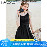 lagogo拉谷谷夏季新款黑色高腰拼接收腰气质连衣裙女法式设计感 黑米（WT） S 155/36