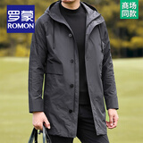 罗蒙（ROMON）高档轻奢风衣男士中长款秋冬新款商务休闲中年保暖连帽外套爸爸装 【春秋款】FY192213灰色 XL /180码