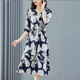 罗蒙（ROMON）连衣裙2025新款女时尚显瘦V领大码优雅印花气质中长裙收腰简约裙 藏青色 L