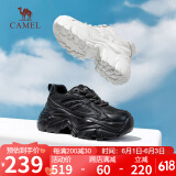 骆驼（CAMEL）老爹鞋女网布皮面拼接双系带厚底休闲鞋 L23S703108W 黑色透网 40