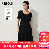 艾诺丝雅诗【商场同款】夏季新品通勤全棉提花方领泡泡袖连衣裙30529018 黑色 XL