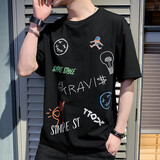 宇项夏季短袖T恤男韩版宽松圆领体恤学生印花字母男士上衣服潮流 灯泡短袖 黑色 L