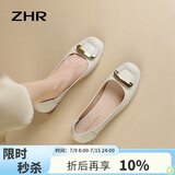 ZHR浅口单鞋女春秋粗跟通勤女鞋优雅方扣真牛皮船鞋女 AH378 米色 38