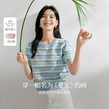 茵曼【秀场同款】索罗纳凉感条纹短袖女26夏针织衫上衣蓝色XL