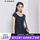 S.DEER圣迪奥女装夏素雅简约镂空绣花斜摆短袖内搭白色T恤S192A0197 炭黑蓝/94 S 160