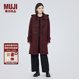 无印良品（MUJI）女式羊毛混牛角扣大衣长款连帽毛呢呢子外套秋冬季外衣女装 深紫红色 S (155/80A)