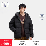 Gap男装徽章logo抽绳立领连帽羽绒服纯色外套677652 黑色 M (170/92A) 亚洲尺码