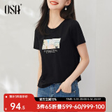 欧莎（OSA）T恤女士夏季新款衣服短袖印花上衣体恤修身潮清爽冰瓷棉感 黑色 2XL