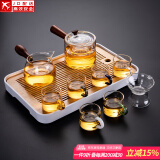 透明玻璃茶具套装家用日式现代简约带内胆过滤泡茶壶茶盘托盘茶杯 直觉壶(六色/把杯)套装_长方(琴韵)密胺/白