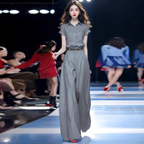 欧迪惠（Oudihui）时尚气质套装女2026夏季休闲裤女装新款短袖衬衫高腰阔腿裤两件套 灰色套装【配腰带】 L 【建议110-120斤】