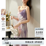 尚都比拉夏季吊带裙女时尚抽象风撞色印花中长款吊带连衣裙 白底粉花 S