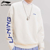 李宁（LI-NING）卫衣男春秋季运动外套宽松休闲薄绒印花圆领无帽针织长袖套头衫 白色-李宁标 S