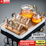 透明玻璃茶具套装家用日式现代简约带内胆过滤泡茶壶茶盘托盘茶杯 亮彩壶套组+6色把+杯架+长方琴韵密韵白