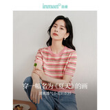 茵曼百搭轻薄通勤风女装条纹针织短袖t恤夏季显瘦套头上衣 藕粉色 XL