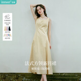 茵曼（INMAN）法式收腰显瘦方领吊带连衣裙女装2025夏季新品长裙子 浅黄色 M