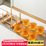 瓷牌茗茶具 玻璃茶杯大号透明玻璃品茗杯耐热小茶杯带把水杯功夫茶具主人杯 金色（坚纹）6个把杯+杯架 110ml