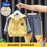 迪士尼（Disney）男宝宝加厚套装秋冬季小童加绒卫衣婴儿童连帽衣服男童冬装两件套 黄色拉链套装 90 建议身高80-90公分