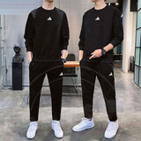 阿迪达斯 （adidas） 运动套装男秋冬季款户外简约圆领卫衣套头衫宽松运动长裤 两件套 黑色经典 简约时尚/两件 M/175