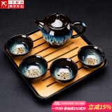 建盏功夫茶具套装家用窑变天目釉茶杯茶壶茶盘陶瓷钧窑沙金泡茶器 5头（沙金/美人壶）+小四方（条纹）密胺/黑