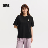 森马（Semir）短袖t恤女宽松凉感上衣夏装可爱刺绣印花圆领百搭正肩修身套头衫 C款-黑色90001 XS /150/76A