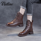 Vistline马丁靴女秋冬加绒保暖加厚短靴女时尚妈妈鞋增高显瘦牛皮舒适短靴 棕色加绒 36