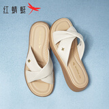 红蜻蜓真皮妈妈凉鞋夏季羊皮软底舒适中老年一字拖鞋WJK25866米白 37