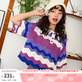 两三事 新星纪元 2025春季新款复古撞色波浪纹polo领针织衫女 紫色 S