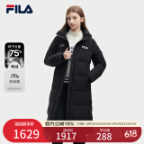 FILA 斐护科技|斐乐女装长款羽绒服冬季休闲简约连帽保暖羽绒外套 正黑色-BK 165/84A/M