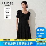 艾诺丝雅诗【商场同款】夏季新品通勤全棉提花方领泡泡袖连衣裙30529018 黑色 L