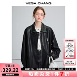 VEGA CHANG黑色皮衣女2025春秋宽松显瘦机车风pu皮短外套 松绿黑 S