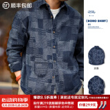 马登工装 美式复古boro蓝染拼接丹宁衬衫百家布牛仔长袖衬衣男春 牛仔蓝 L