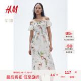 H&M女装花卉连衣裙夏季花朵泡泡一字肩短袖植物印花长裙1230970 白色/花卉 M 165/96