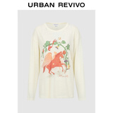UR夏季新款女时尚休闲少女感撞色印花长袖T恤UYL450161+ 米白 M