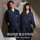 古今（GUJIN）情侣睡衣女春秋纯棉复古格子长袖长裤男士家居服宽松大码外穿