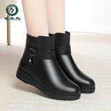 啄木鸟真皮妈妈棉鞋女冬加绒靴子女士短靴软底防滑羊毛皮鞋中老年女鞋子 黑色(不加绒) 37